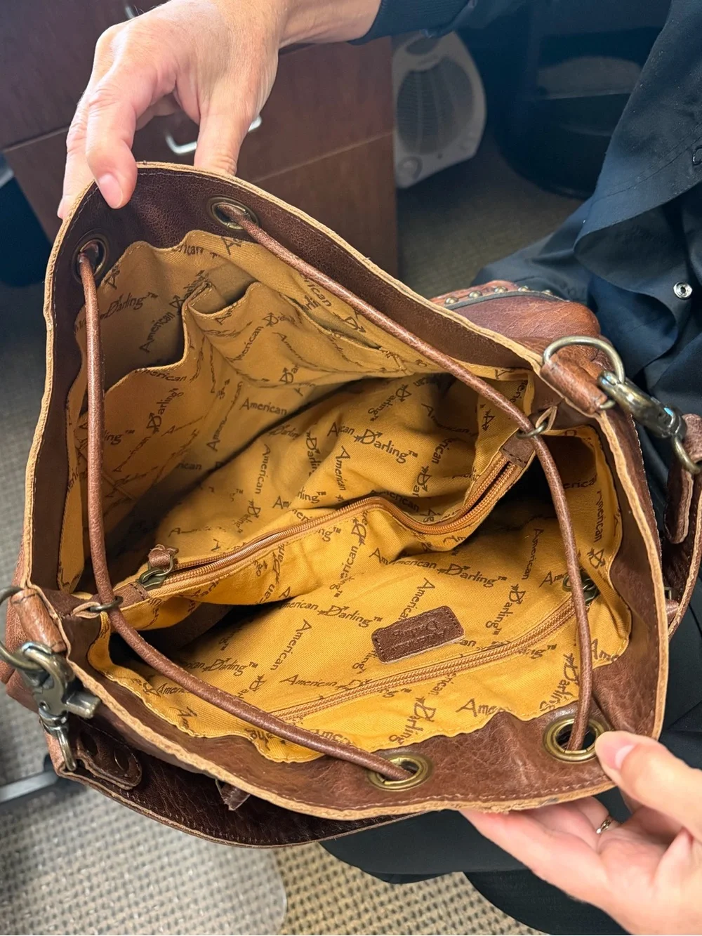 American Darling Brown Leather Patch Tote with Mustard Lining